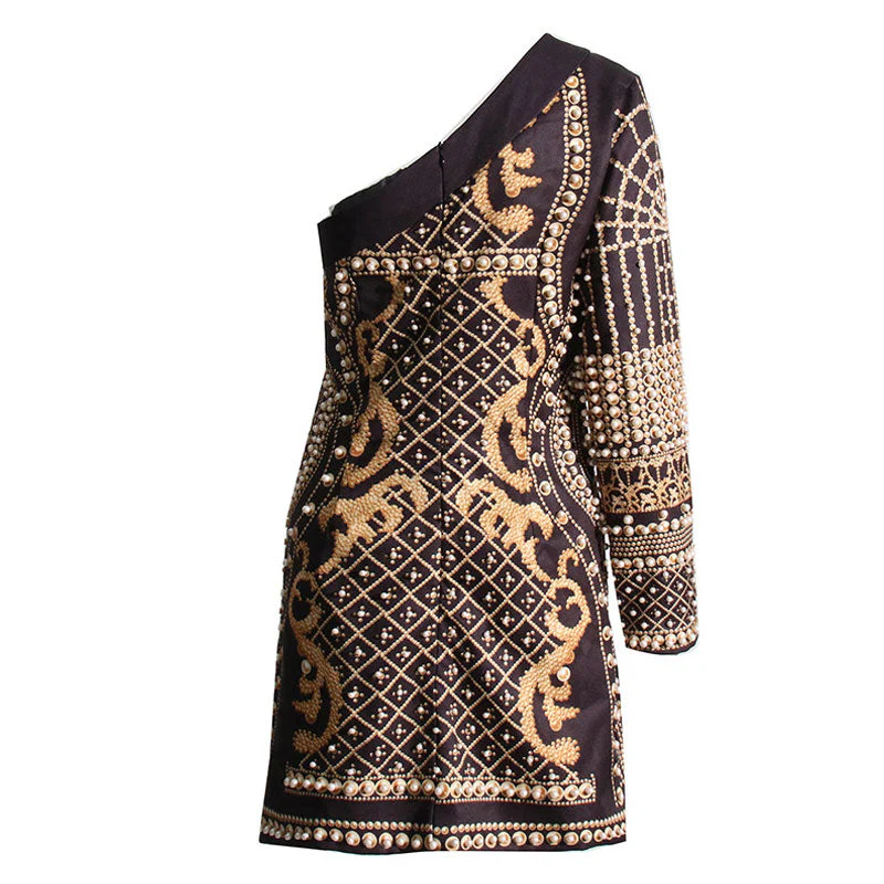 Retro Baroque Printed Faux Pearl Beaded One Shoulder Mini Party Dress - Image 4