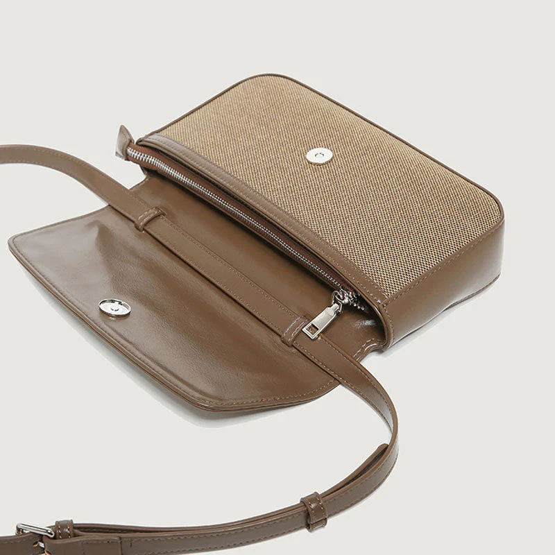 Retro Canvas Faux Leather Crossbody Foldover Baguette Bag - Brown - Image 2