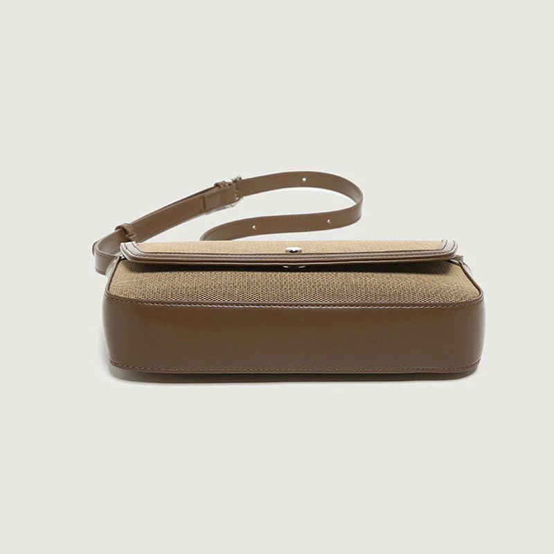 Retro Canvas Faux Leather Crossbody Foldover Baguette Bag - Brown - Image 3