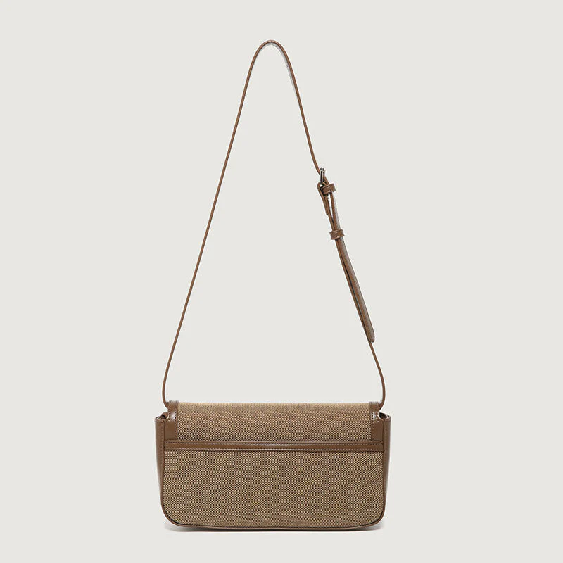 Retro Canvas Faux Leather Crossbody Foldover Baguette Bag - Brown - Image 4
