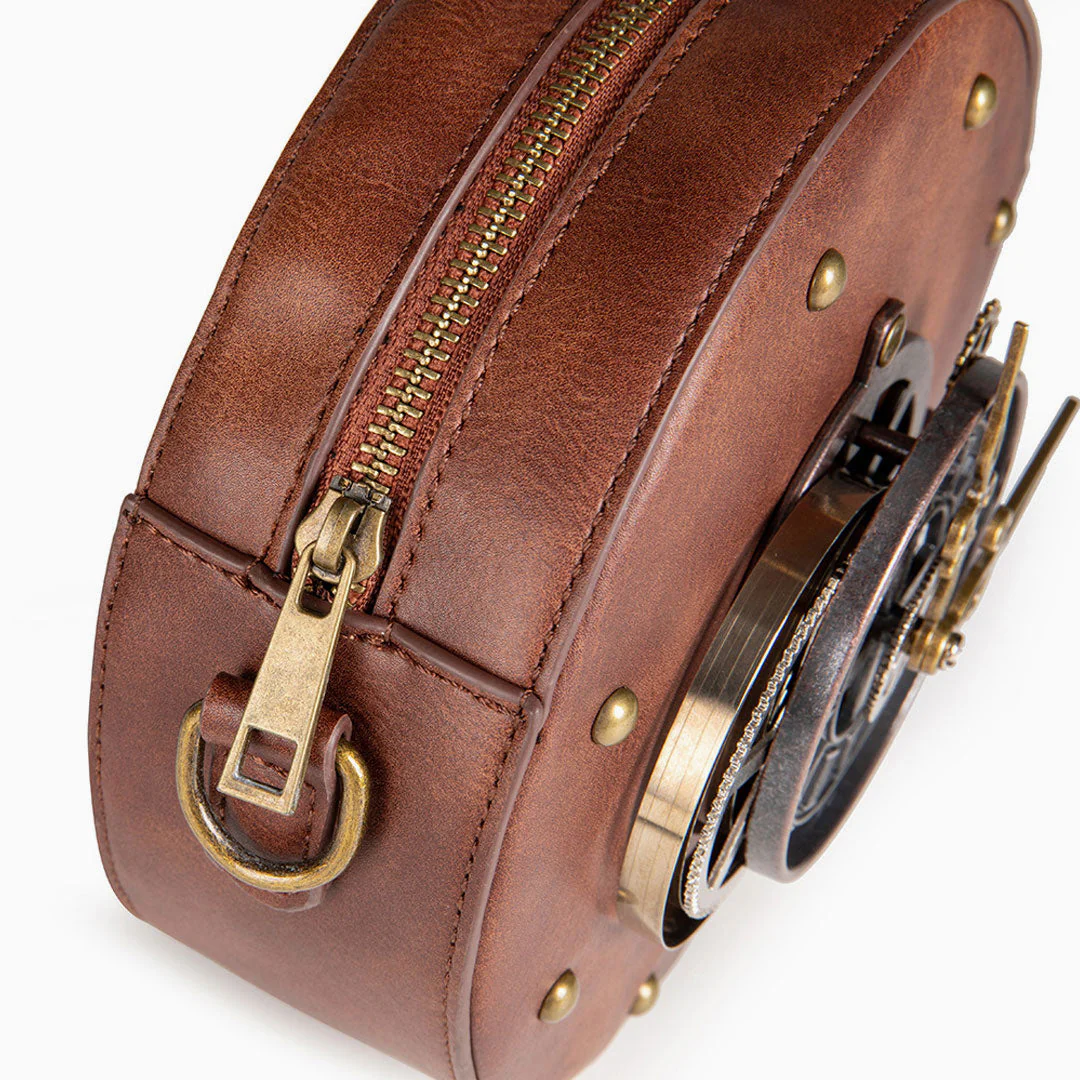 Time Fly Back Zip Top Clock Trim Round Crossbody Bag - Brown - Image 3