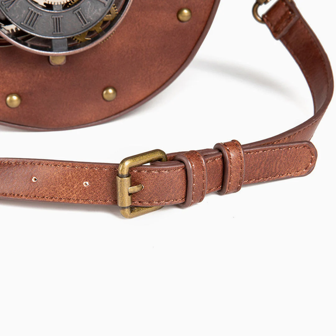Time Fly Back Zip Top Clock Trim Round Crossbody Bag - Brown - Image 4