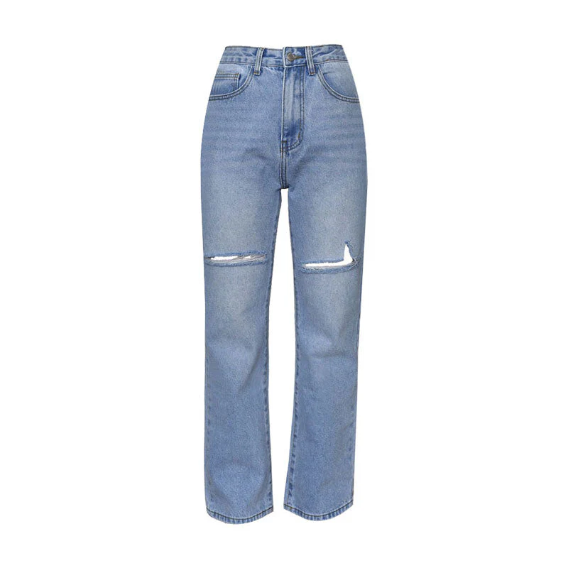 Retro Cut Out High Waist Frayed Straight Leg Jeans - Light Blue - Image 4