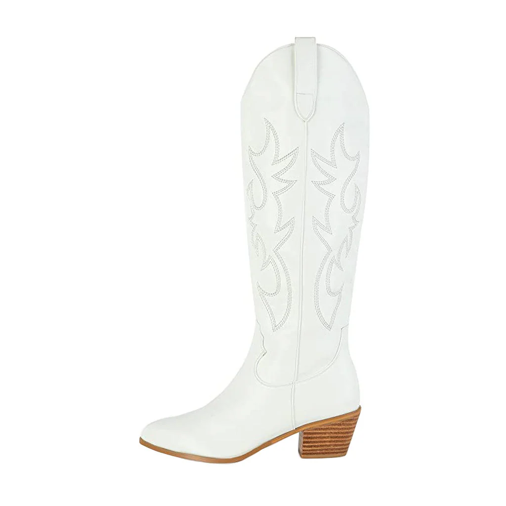 Retro Embroidered Faux Leather Knee High Block Heel Cowboy Boots - White - Image 4