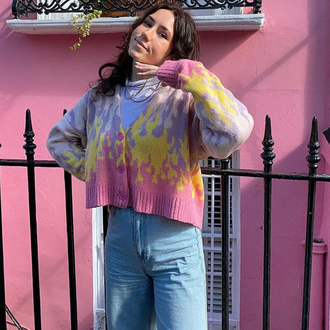 Retro Flame Print V Neck Button Up Long Sleeve Cropped Cardigan - Pink - Image 6