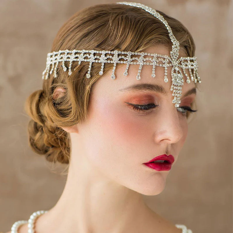 Retro Flapper Rhinestone Embellished Tassel Head Chain - Silver - Image 4