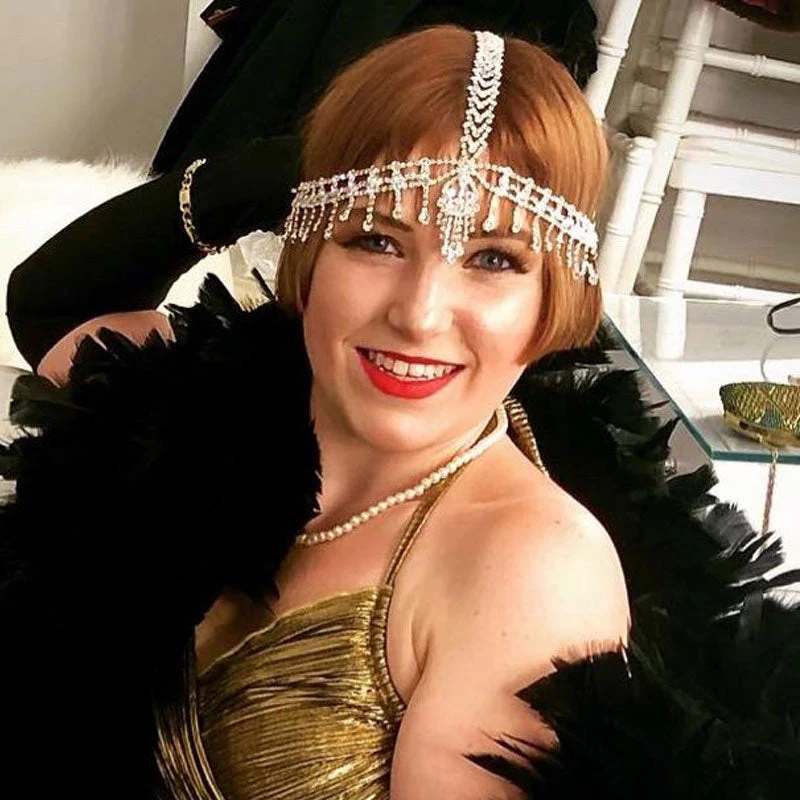 Retro Flapper Rhinestone Embellished Tassel Head Chain - Silver - Image 5