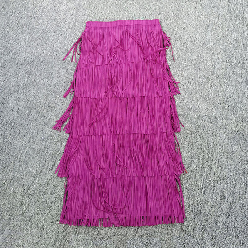 Retro Gatsby Solid Color High Waist Layered Tassel Pleated Midi Skirt - Image 4