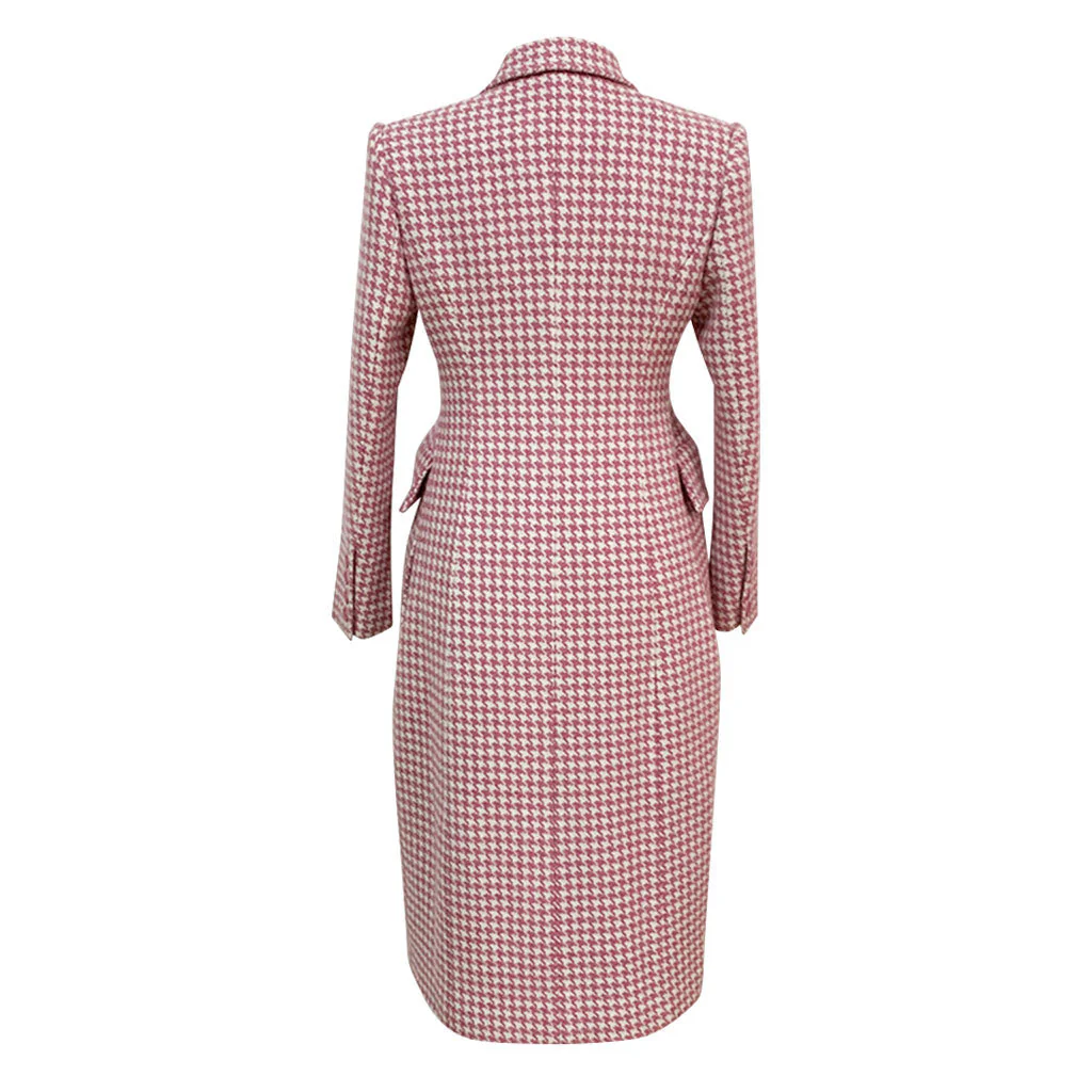 Retro Houndstooth Print Peak Lapel Double Breasted Woolen Tailored Duster Coat - Image 2