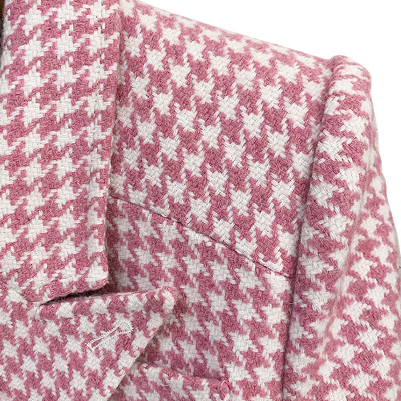 Retro Houndstooth Print Peak Lapel Double Breasted Woolen Tailored Duster Coat - Image 3