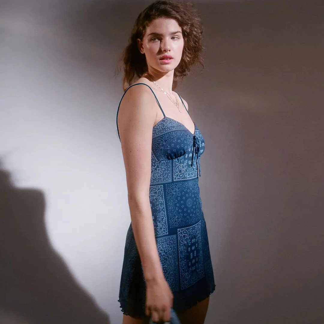 Retro Paisley Patchwork Tie Front Sleeveless Mesh Mini Dress - Blue - Image 2