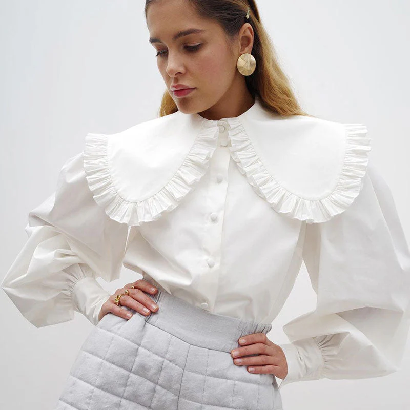 Retro Ruched Ruffle Peter Pan Collar Button Up Bishop Sleeve Blouse - White - Image 2