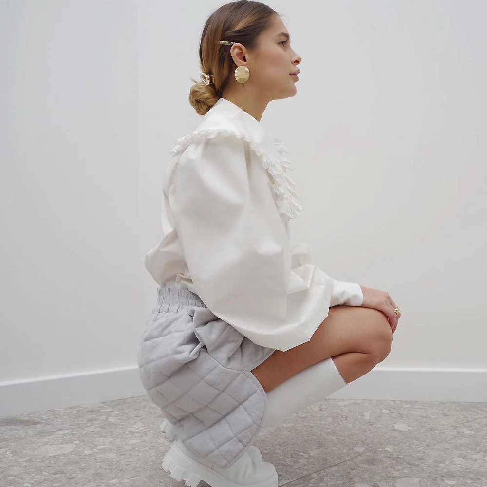 Retro Ruched Ruffle Peter Pan Collar Button Up Bishop Sleeve Blouse - White - Image 3