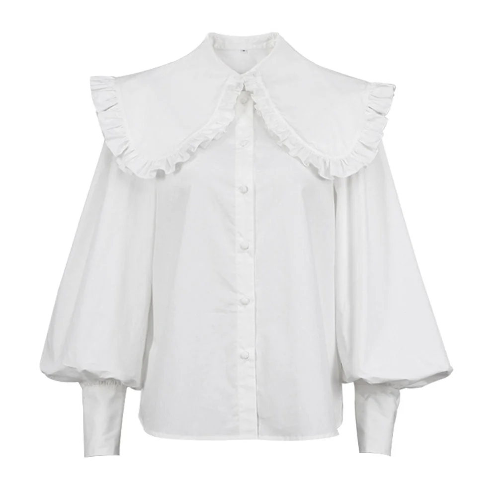 Retro Ruched Ruffle Peter Pan Collar Button Up Bishop Sleeve Blouse - White - Image 4