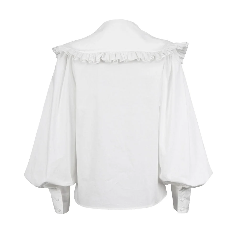 Retro Ruched Ruffle Peter Pan Collar Button Up Bishop Sleeve Blouse - White - Image 5