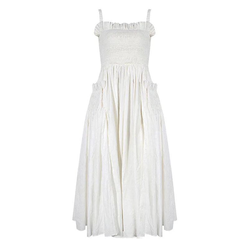 Retro Ruffle Trim Smocked Suspender Strap Fit and Flare Midi Summer SunDress - Image 2