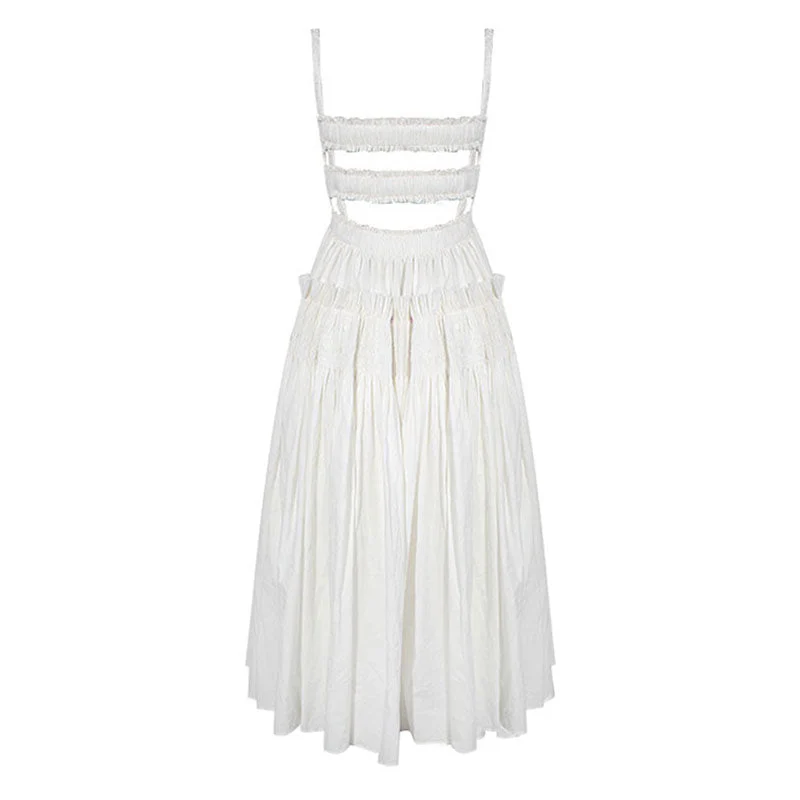 Retro Ruffle Trim Smocked Suspender Strap Fit and Flare Midi Summer SunDress - Image 3
