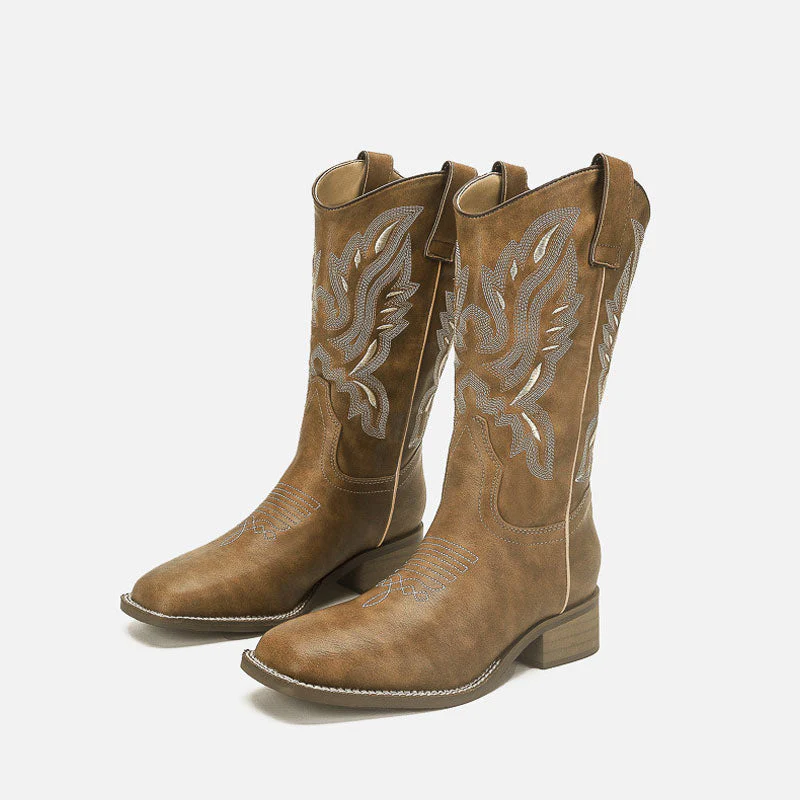 Retro Square Toe Embroidered Faux Leather Mid Calf Cowboy Boots - Brown - Image 2