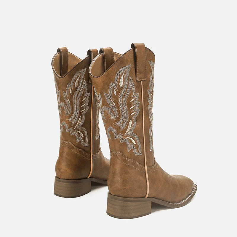 Retro Square Toe Embroidered Faux Leather Mid Calf Cowboy Boots - Brown - Image 3