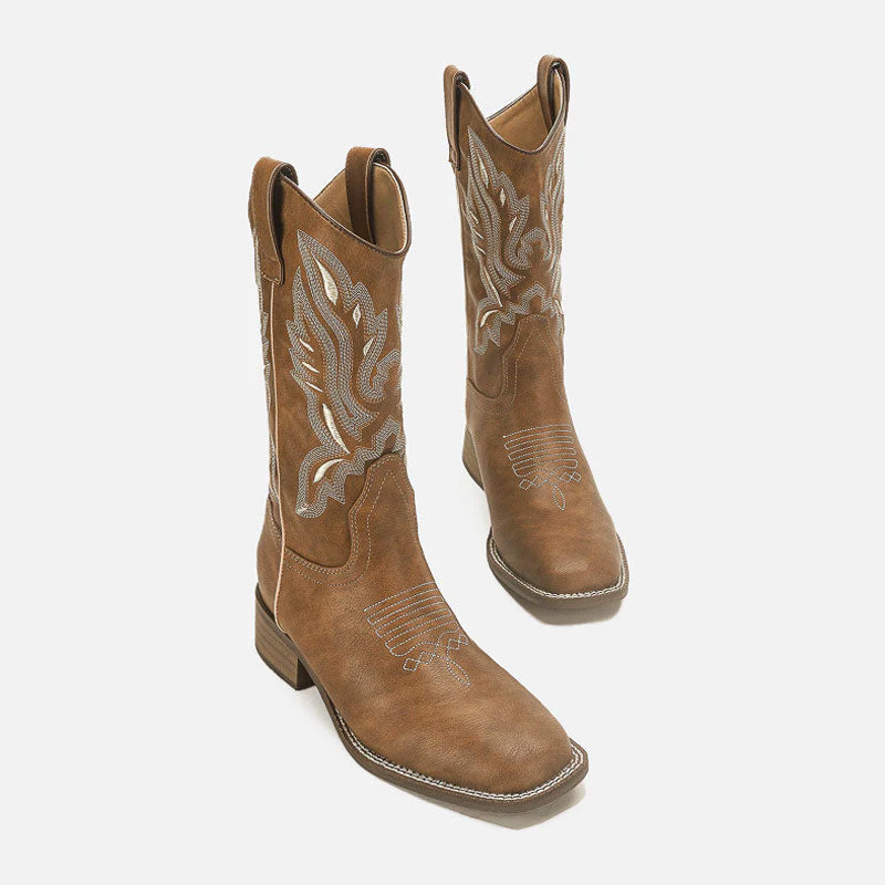 Retro Square Toe Embroidered Faux Leather Mid Calf Cowboy Boots - Brown - Image 4