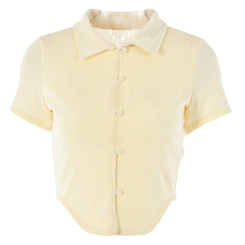 Retro Style Collared Short Sleeve Button Up Crop Top - Beige - Image 3