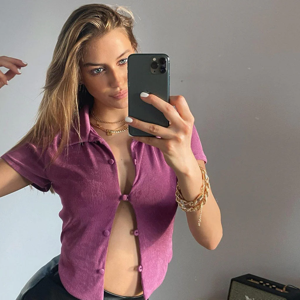 Retro Style Collared Short Sleeve Button Up Crop Top - Purple - Image 2
