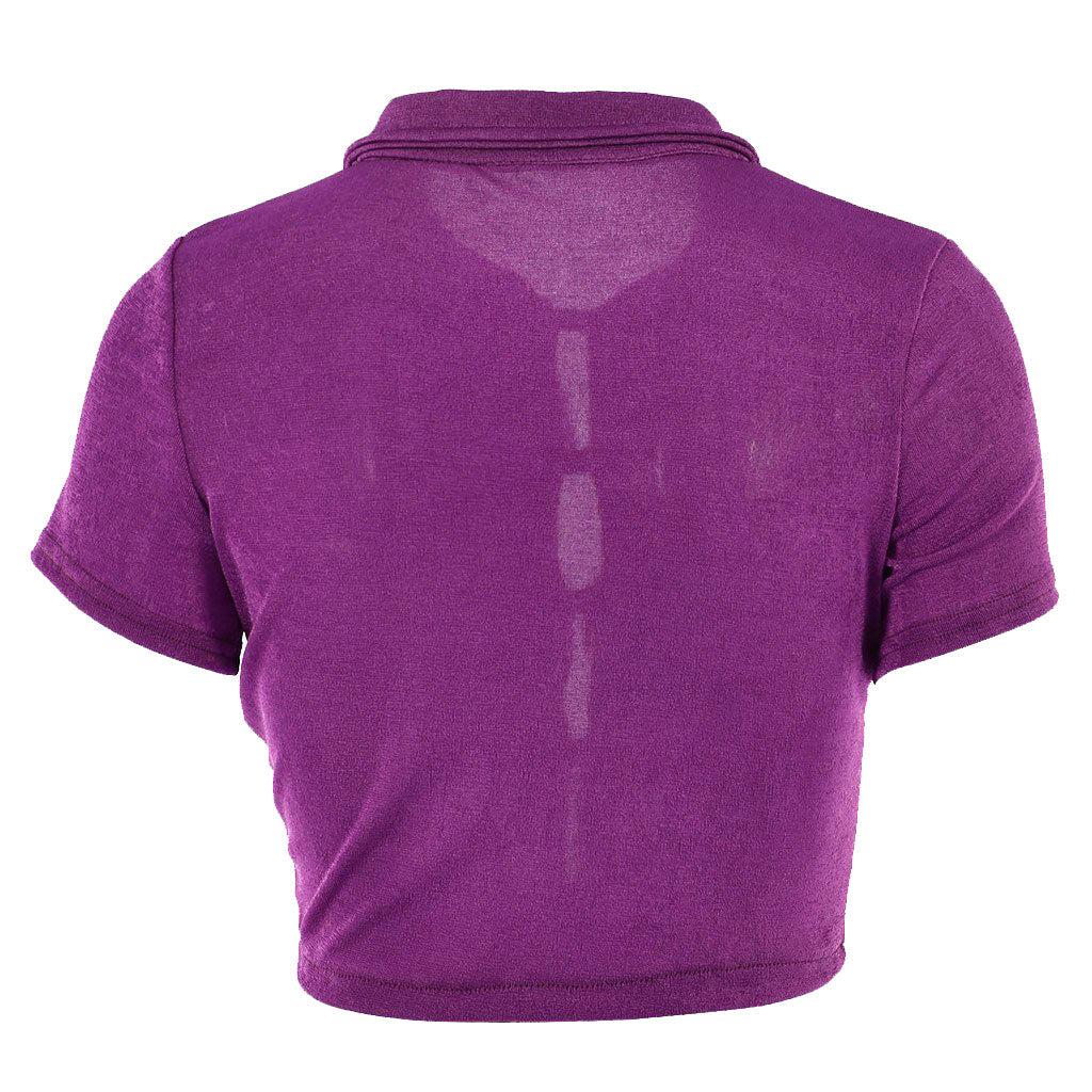 Retro Style Collared Short Sleeve Button Up Crop Top - Purple - Image 4
