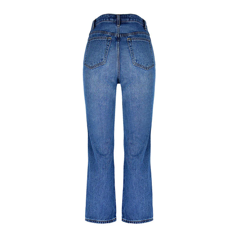 Retro Style High Waist Faded Straight Flare Leg Jeans - Black - Image 5