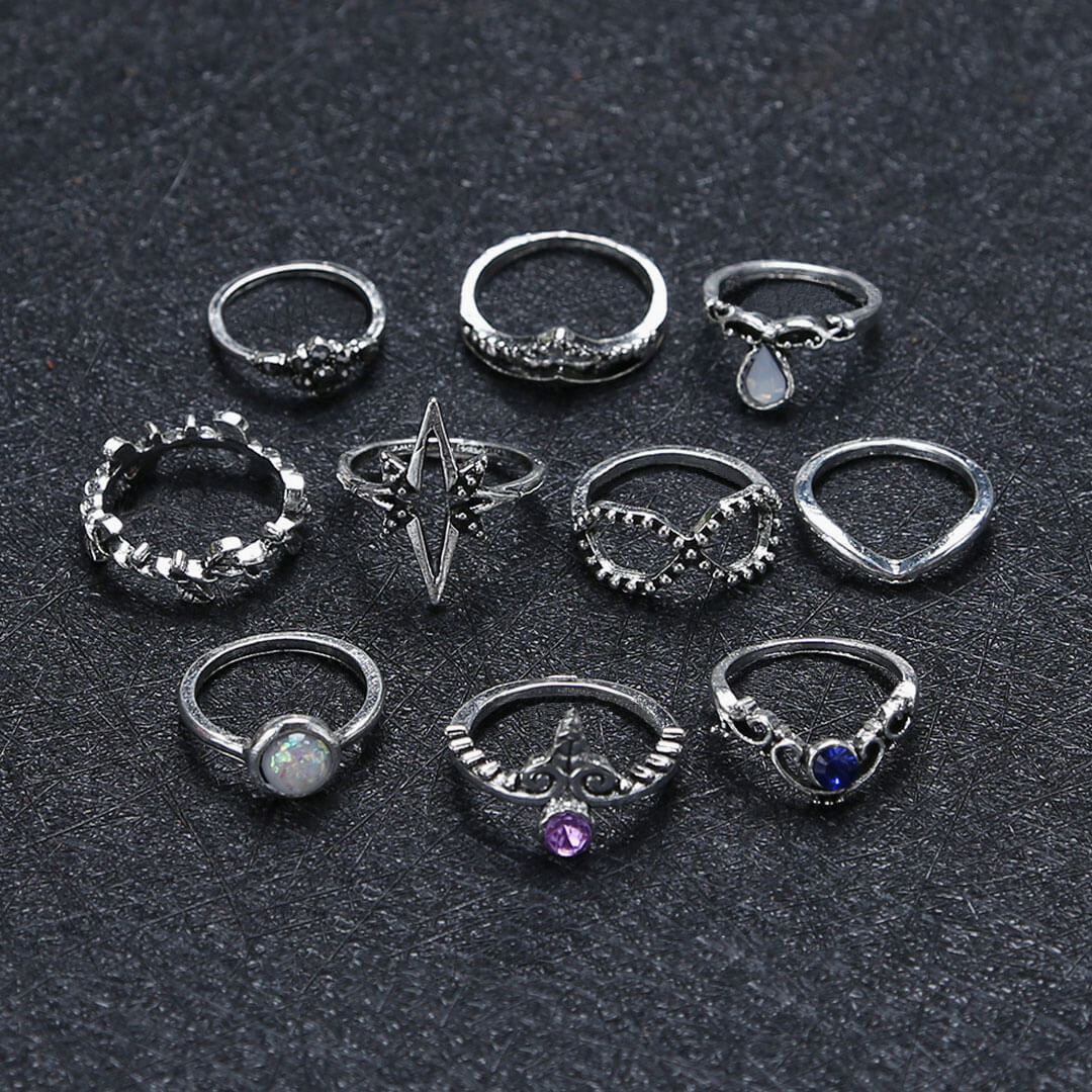 The Boho Weekend Multi Mix Rhinestone Embellished Ring Set - Silver - Image 2