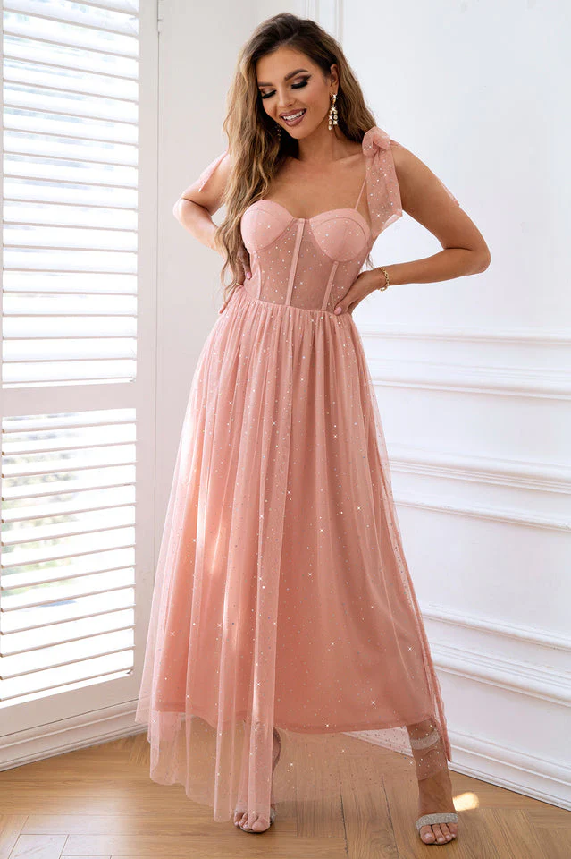 Rhinestone Mesh Overlay Tie Shoulder Cami Dress - Image 3