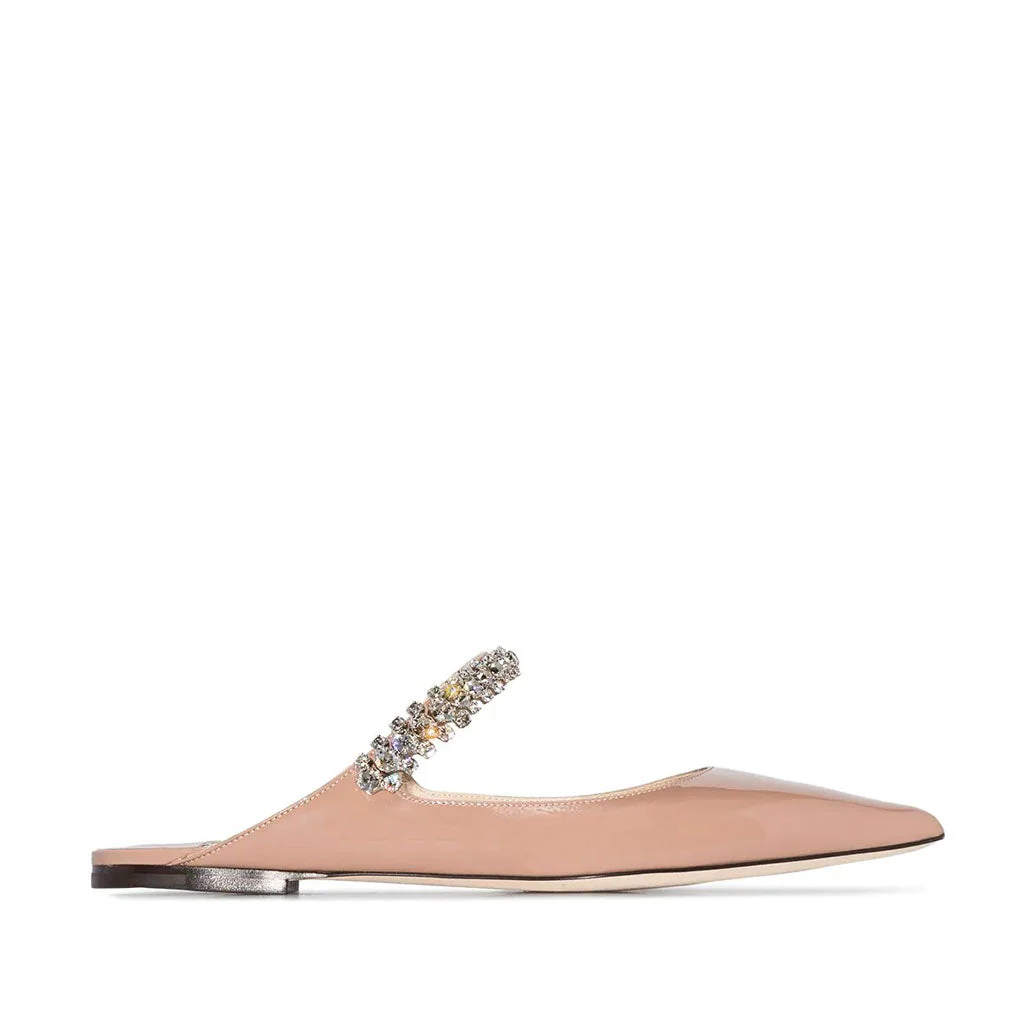 Rhinestone Strap Pointed Toe Patent Leather Flat Mules - Apricot - Image 3