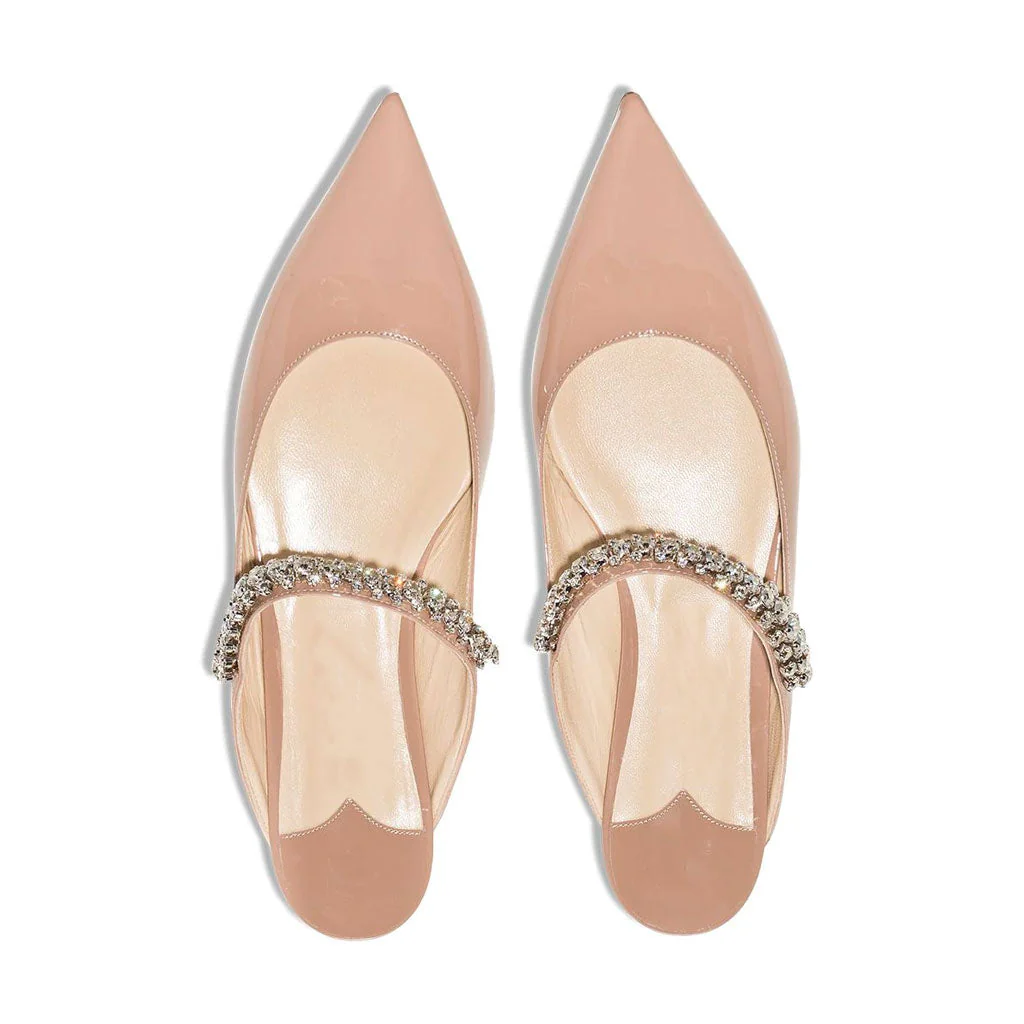Rhinestone Strap Pointed Toe Patent Leather Flat Mules - Apricot - Image 4