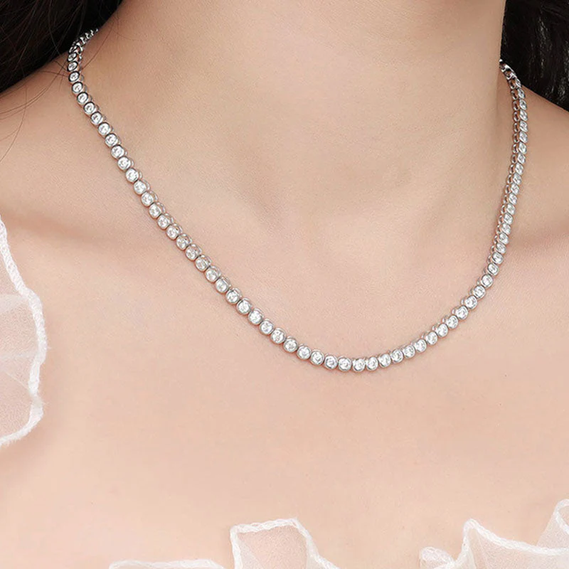 Rhodium Plated Sterling Silver Bezel 3MM Moissanite Tennis NeckLace - Image 4
