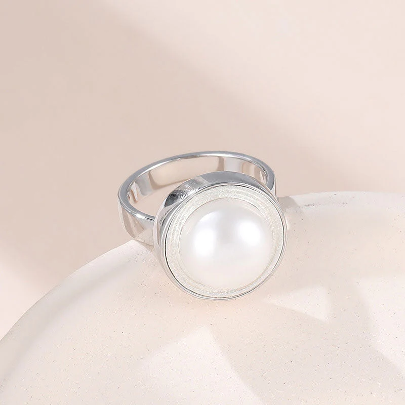 Rhodium Plated Sterling Silver Bezel Set Sphere Freshwater Pearl Dome Ring - Image 2