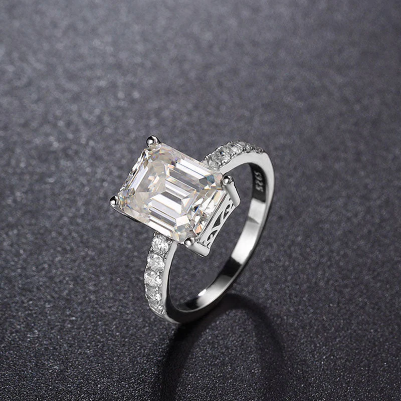 Rhodium Plated Sterling Silver Emerald Cut Moissanite Half Eternity Ring - Image 3