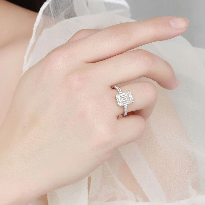 Rhodium Plated Sterling Silver Emerald Cut Moissanite Half Eternity Ring - Image 4
