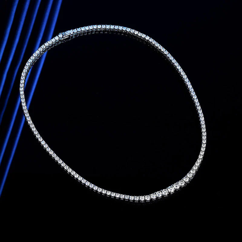 Rhodium Plated Sterling Silver Graduated Moissanite Tennis NeckLace - Image 3
