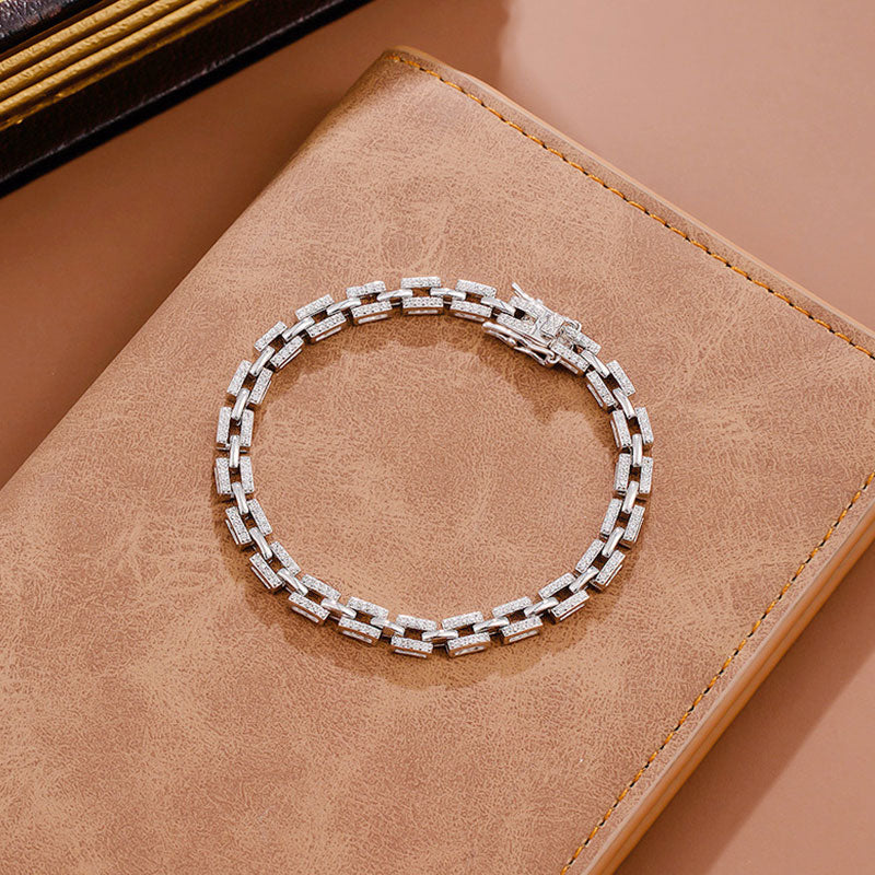 Rhodium Plated Sterling Silver Moissanite Paved Tank Chain Bracelet - Image 2