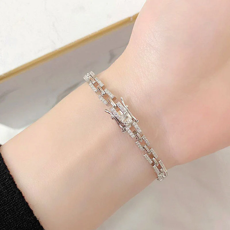 Rhodium Plated Sterling Silver Moissanite Paved Tank Chain Bracelet - Image 5