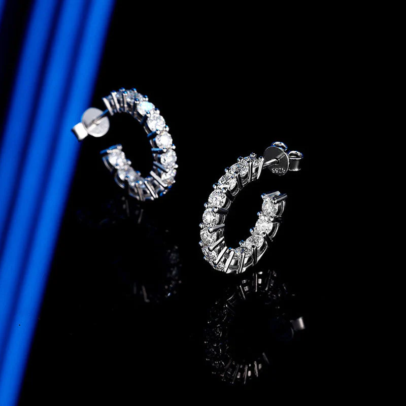 Rhodium Plated Sterling Silver Paved 3MM Moissanit Open Hoop Earrings - Image 3