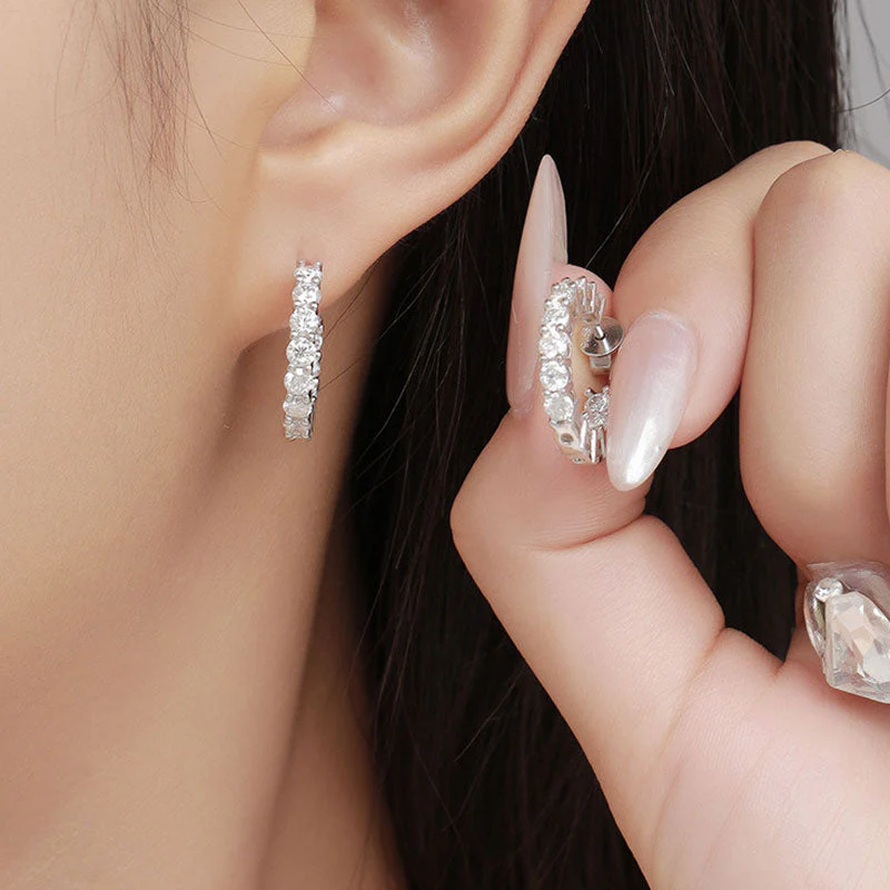 Rhodium Plated Sterling Silver Paved 3MM Moissanit Open Hoop Earrings - Image 5