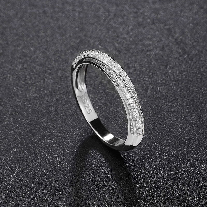 Rhodium Plated Sterling Silver Round Cut Moissanite Pave Twisted Ring - Image 3