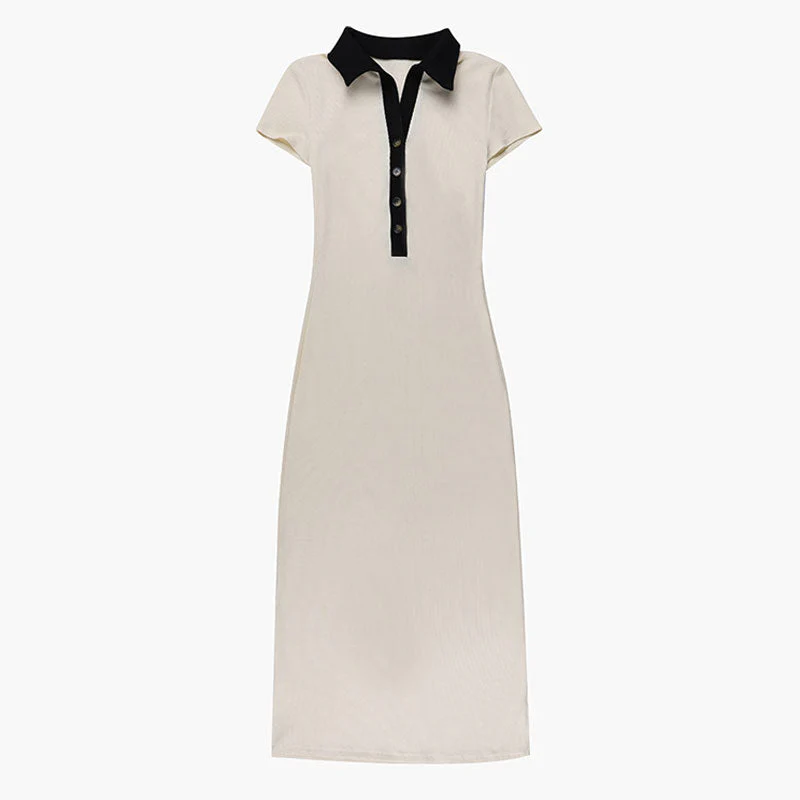 Ribbed Contrast Collar Short Sleeve Button Front Bodycon Maxi Dress - Apricot - Image 5