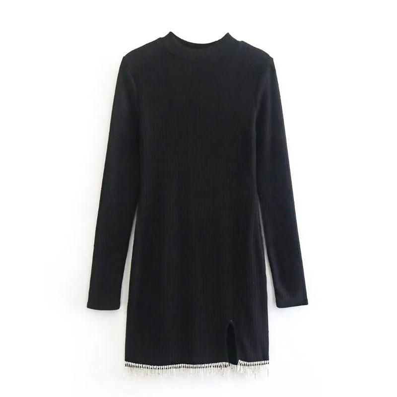 Ribbed Knit Crystal Fringe Long Sleeve Crew Neck Sweater Mini Dress - Black - Image 3