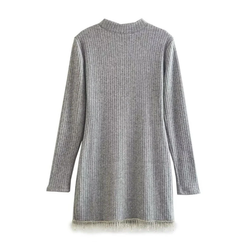Ribbed Knit Crystal Fringe Long Sleeve Crew Neck Sweater Mini Dress - Gray - Image 4