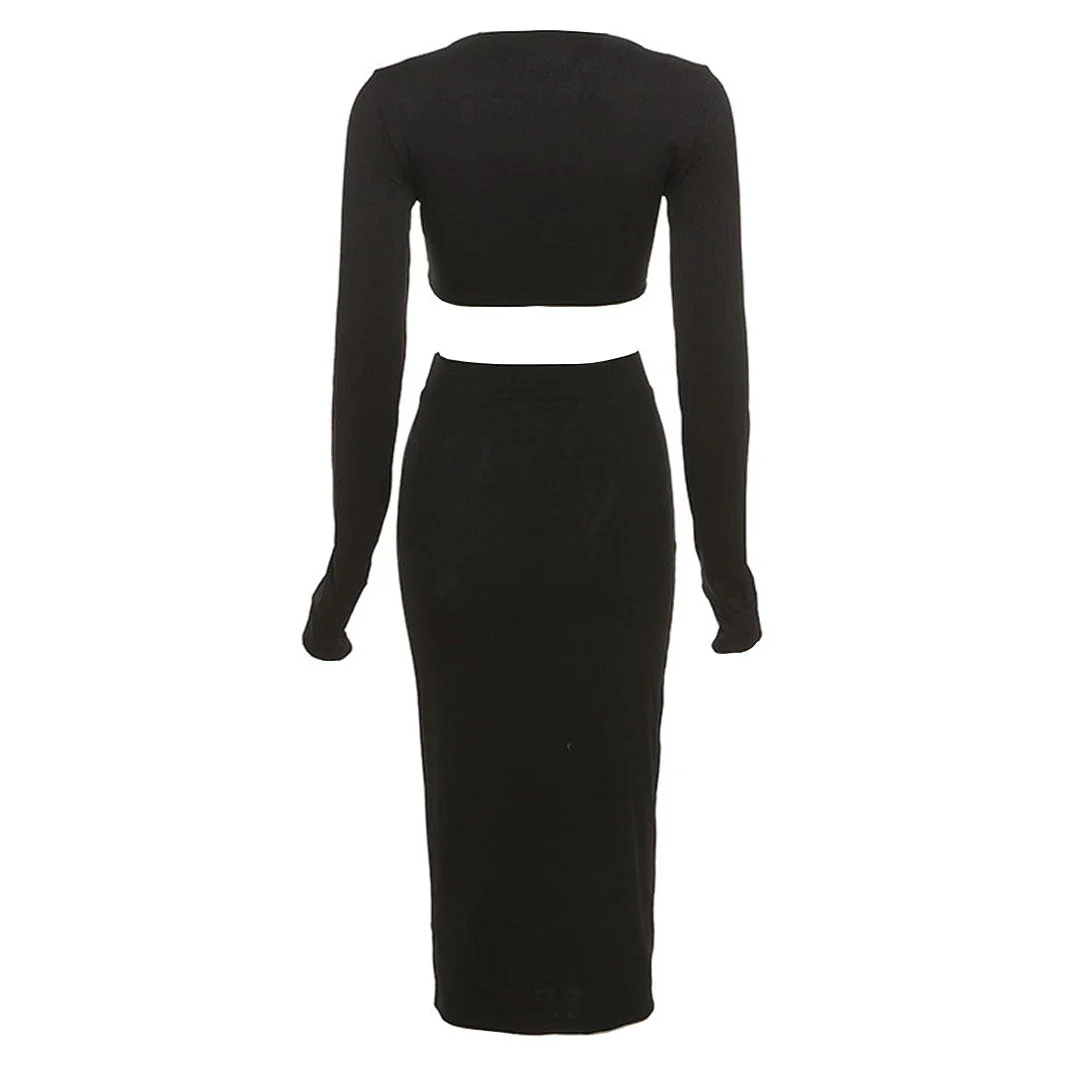 Ribbed Long Sleeve V Neck High Waist Split Midi Skirt Matching Set - Black - Image 4