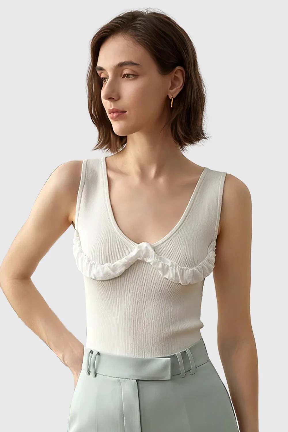 Ribbed Top with V Neckline - White - Image 2