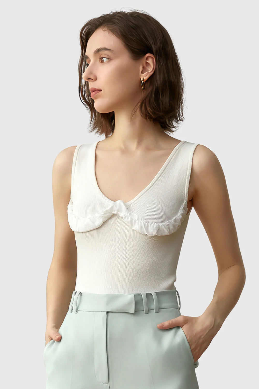 Ribbed Top with V Neckline - White - Image 3