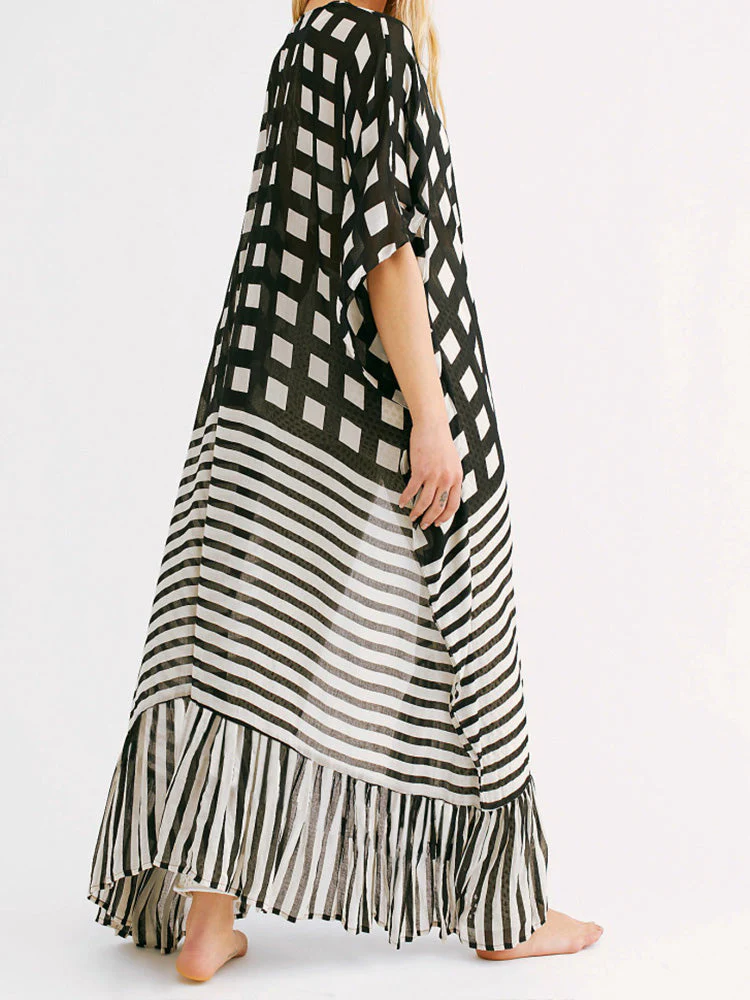 Printed Black Color Chiffon Long Length Gown Kimono Duster Robe - Image 4