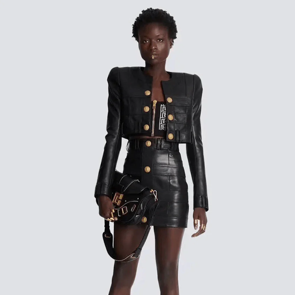 Ritzy High Waist Golden Tone Button Bodycon Vegan Leather Mini Biker Skirt - Image 3
